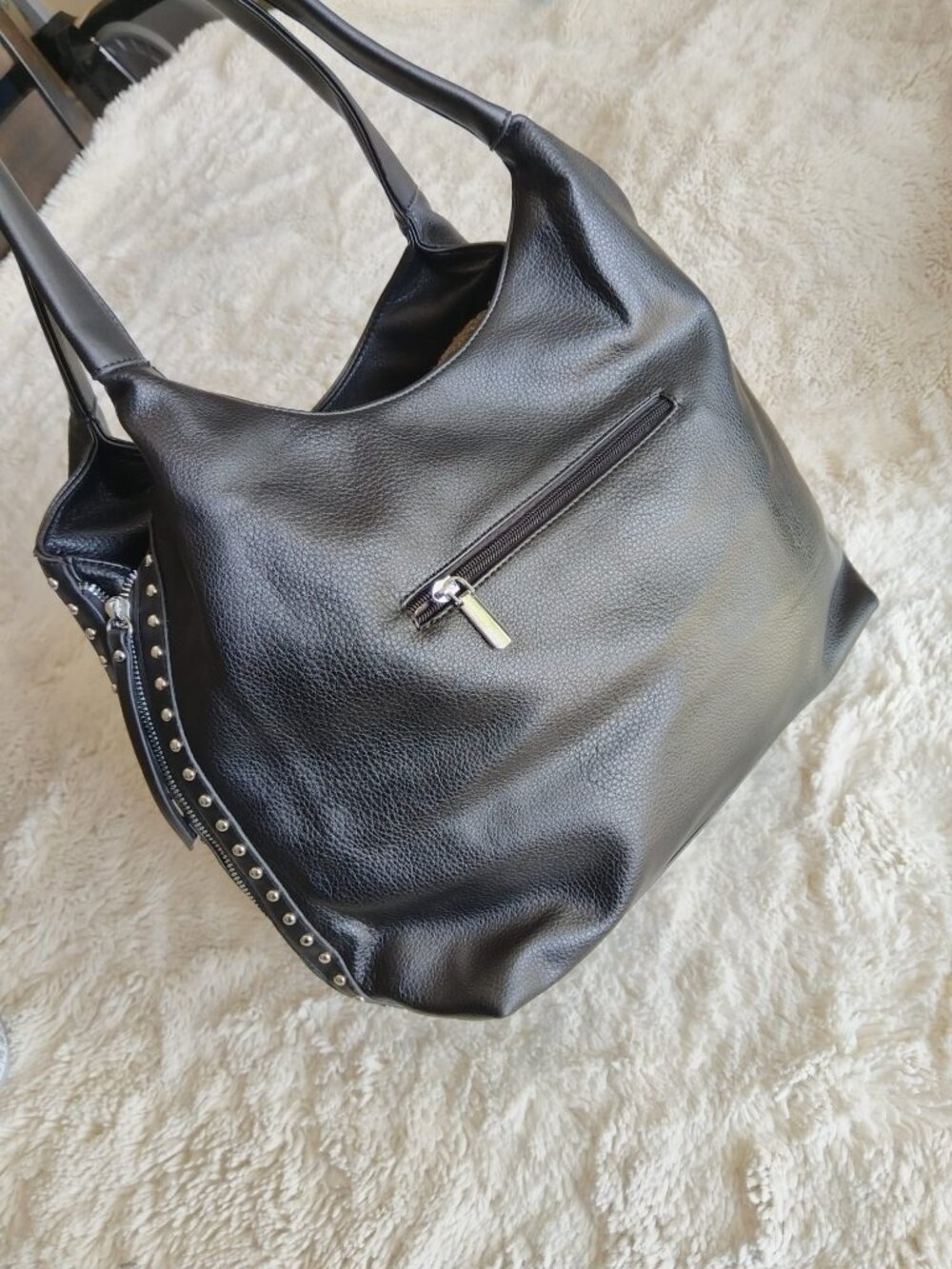 Black Pebble Leather Studded Hobo Bag Shoulder Tote Zipper Accents Edgy Rocker